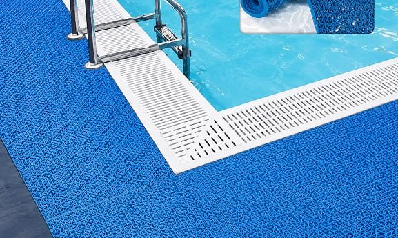 Blue anti slip swimming pool mats installation