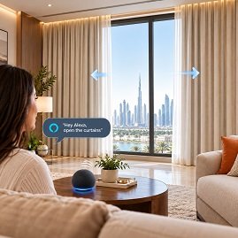A girl with the help of Alexa controlling curtains