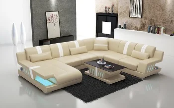 Beige U-shaped leather sectional sofa with LED lighting