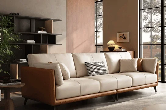 Cream leather sofa with wooden frame accents