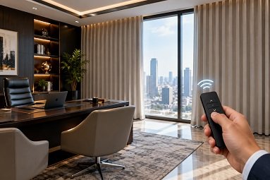 Executive using remote for motorized curtains in city office