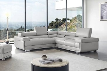 Light gray leather sectional sofa with adjustable headrests