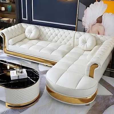 Luxury white tufted leather sectional sofa gold trim