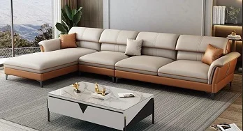 Modern beige leather L shape sofa with orange accents