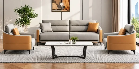 Modern gray sofa set with tan accent chairs