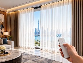 Motorized wave curtains in living room in Dubai