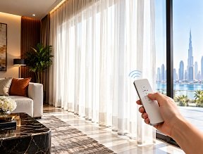 Sheer Curtains in living room with remote in hand
