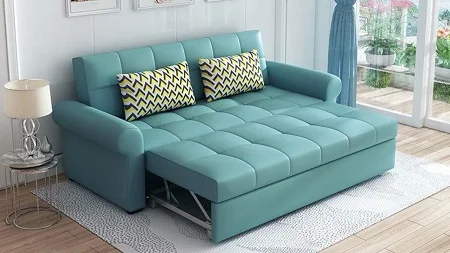 Teal fabric sofa bed with pull-out mechanism