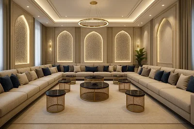 Traditional Arabic majlis lounge with beige seating