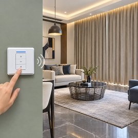 Wall switch with motorized curtains in luxury living room