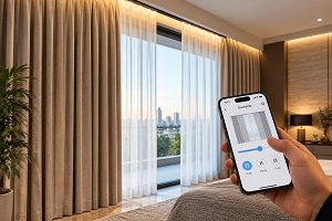 A hand with mobile using App for controlling curtains
