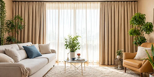 Beige blackout curtains with sheer layers, Dubai living room