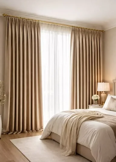 Beige pinch-pleat curtains with sheer layer in cozy bedroom with cream bedding