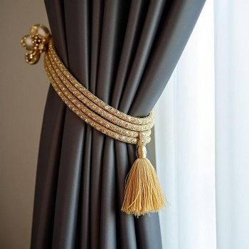 Black color curtains with golden color tieback