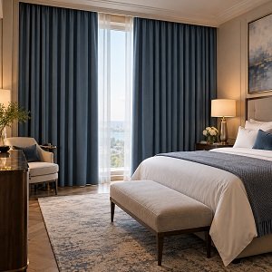 Blackout curtains in hotel bedroom