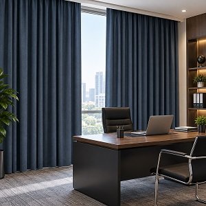 Blackout curtains in office room