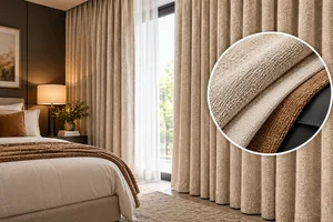 Chenille cotton blend curtains with fabric swatch close-up