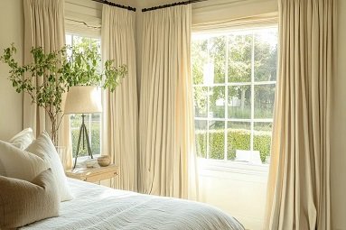 Cream linen curtains on corner bedroom windows with garden view