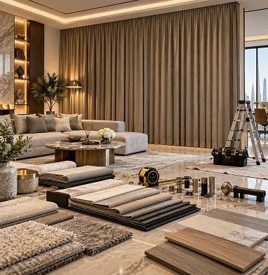 Curtain fabric samples and measuring tools in luxury living room