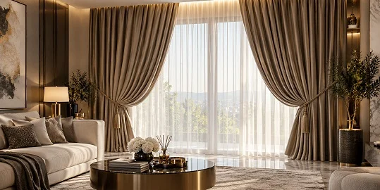 Custom taupe curtains with sheer panels in a luxury Dubai living room