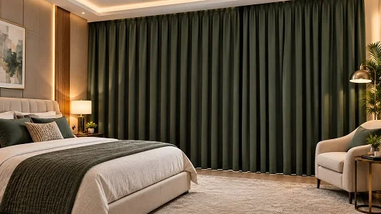 Dark green blackout curtains in a cozy bedroom