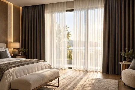 Double Layers curtains, sheer and blackout in bedroom, Dubai