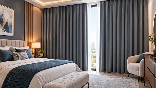 Gray thermal blackout curtains in a modern bedroom