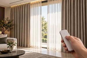 Hand holding remote to control motorized beige curtains and sheers in sunny living room