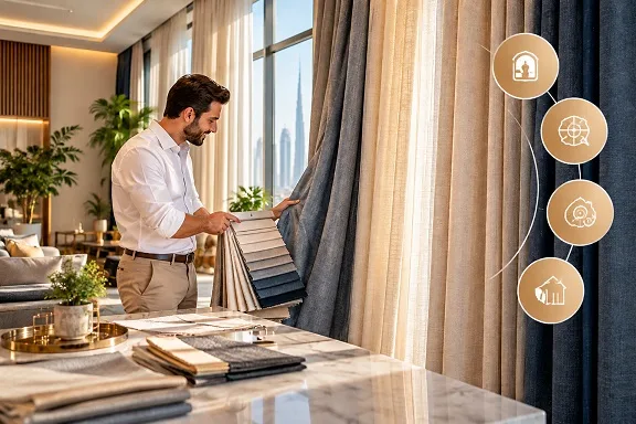 Man selecting fabric swatches beside custom curtains in luxury apartment with skyline view