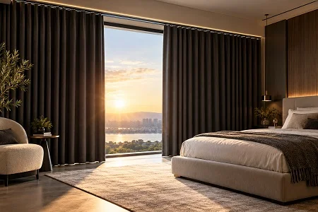 Motorized Blackout curtains in Bedroom with sunlight