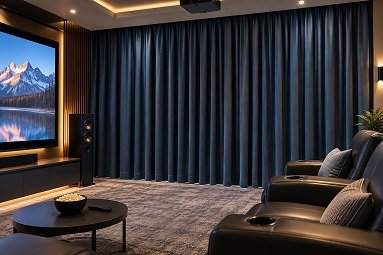 Navy blue blackout curtains in a home theater room