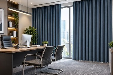 Navy blue blackout curtains in a modern office