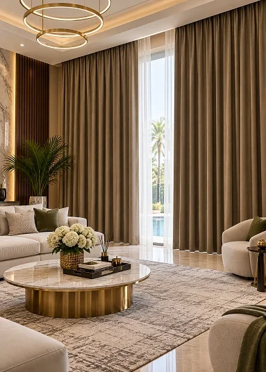 Olive blackout curtains in a luxury villa living room