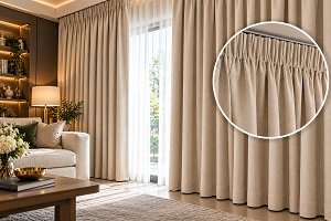 Pencil pleat blackout curtains with heading close-up detail