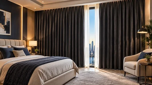 Room darkening blackout curtains in bedroom