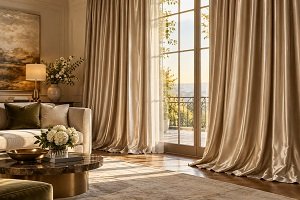 Silk curtain in golden color in living room, Dubai