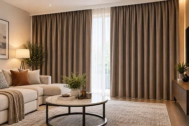 Taupe blackout curtains in a cozy modern living room