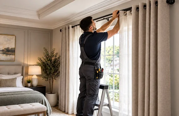 Technician installing grommet curtains and sheers on rod in elegant bedroom