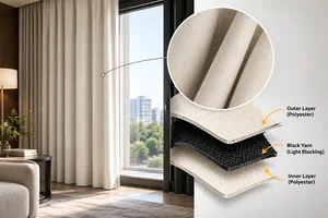 Triple weave polyester blackout curtain fabric layers close-up