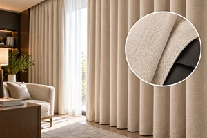 calm, elegant room setting and a close-up of the linen texture and blackout backing.