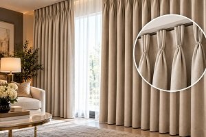elegant beige curtains and a close-up showing the pinch pleat stitching.