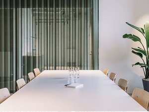 light green curtains in office